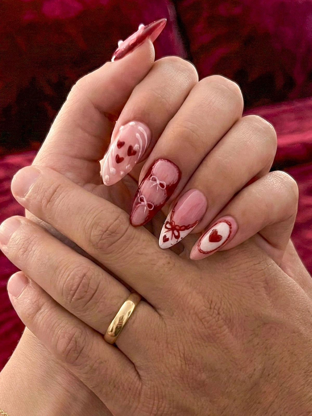 Press On Nails Adhesive Tabs – Pink Red Heart & Bow Design Long Almond Handmade Fake Nails