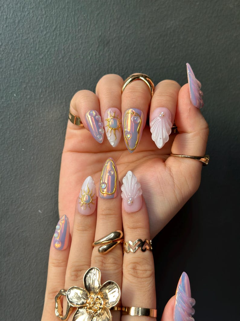 Iridescent Sunshine Press On Nails Golden Sun Nail Art Sunshine & Waves with Gold Accents Handmade Unique Nail Set