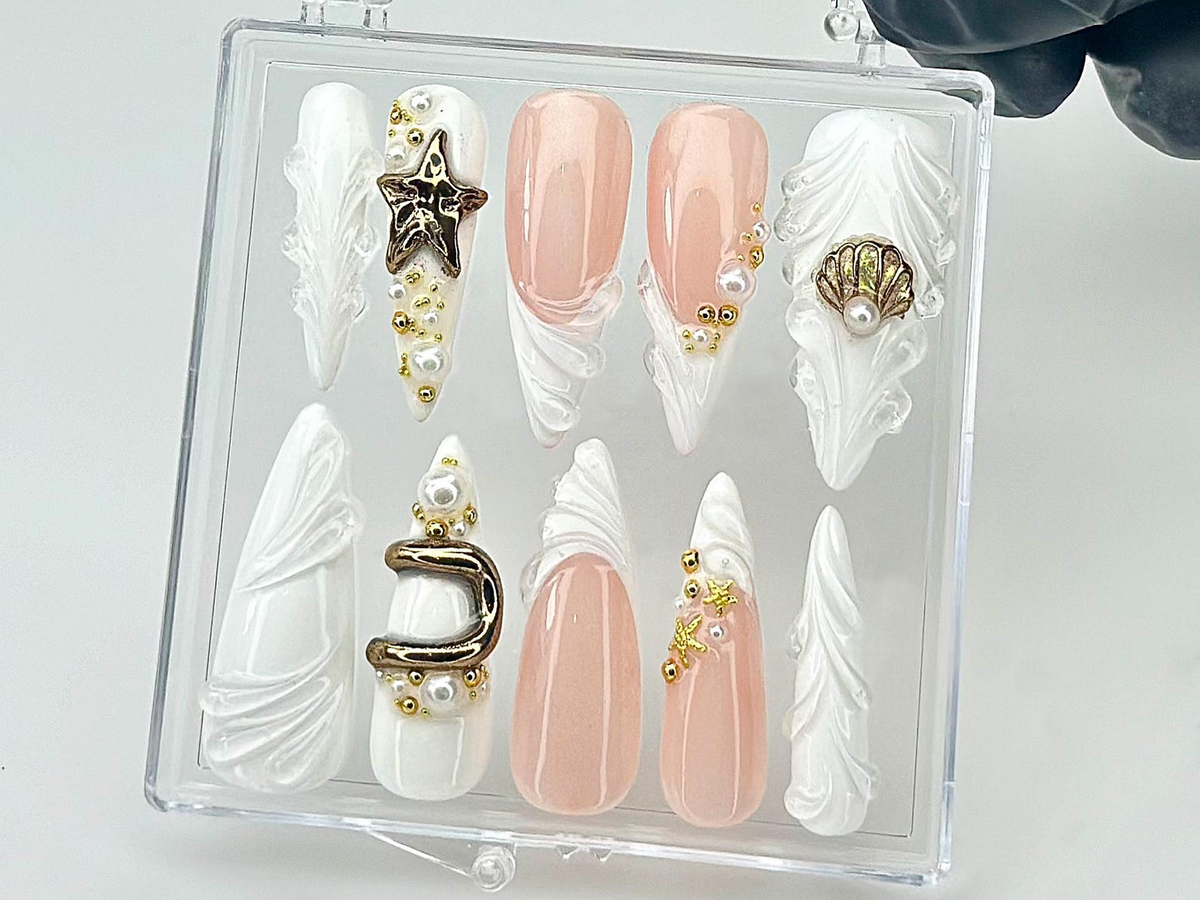 Pearl Starfish Shell Press On Nails by dorynail Ocean Theme 3D Press Ons Mermaid Bride Fake Nails Pearl Bridal Nail Art OC849YC