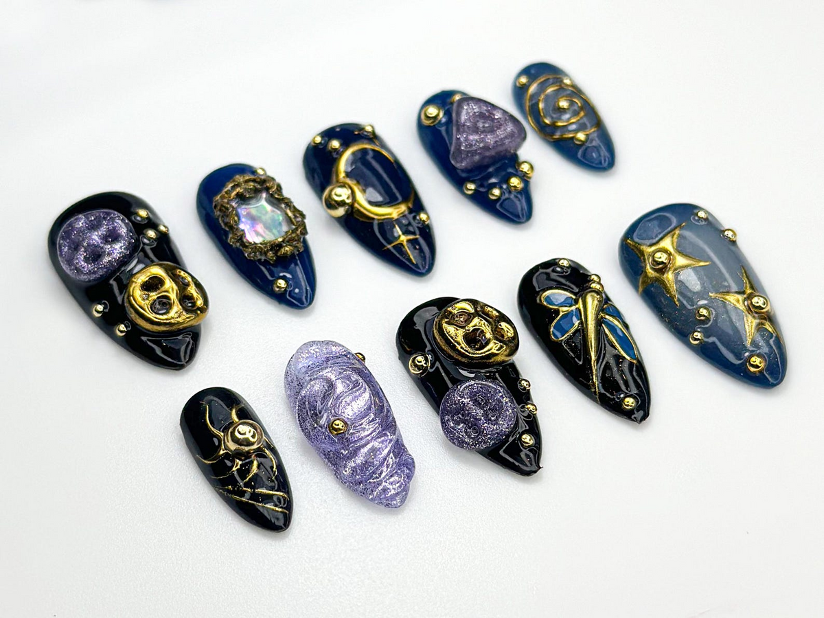 Cosmic Galaxy Press On Nails Celestial Moon Star Nail Art Dark Blue & Gold Mystical Nails Opal Constellation Nail Design OC860H