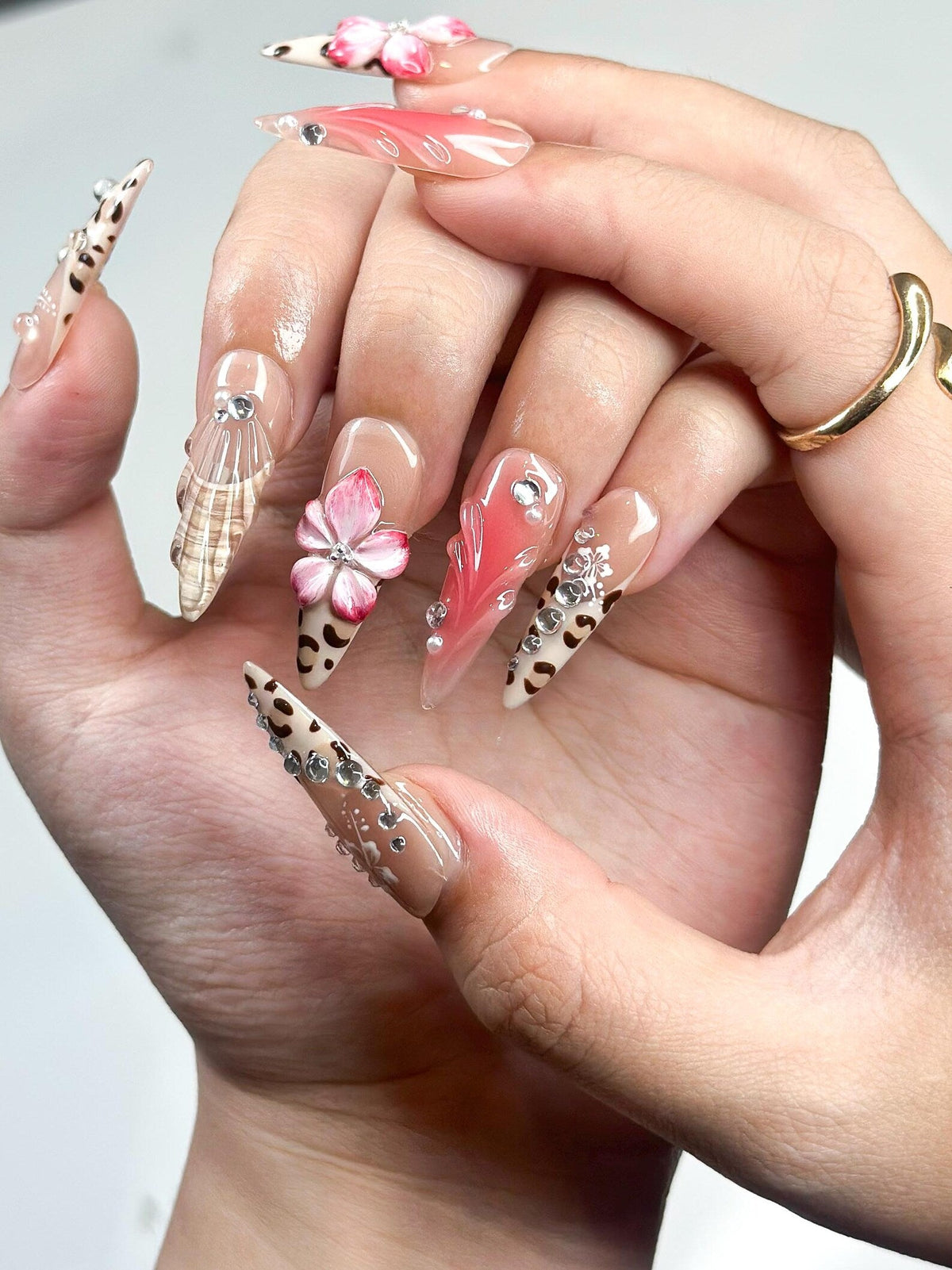 3D Hibiscus Flower & Tropical Muse Nails, Ethereal Goddess Press Ons, Luxury Seashell