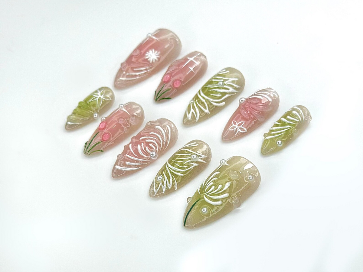Dewdrop Meadow Press On Nails Pastel Green & Pink Shimmer Hand-Painted Floral Line Art and Crystal Accents