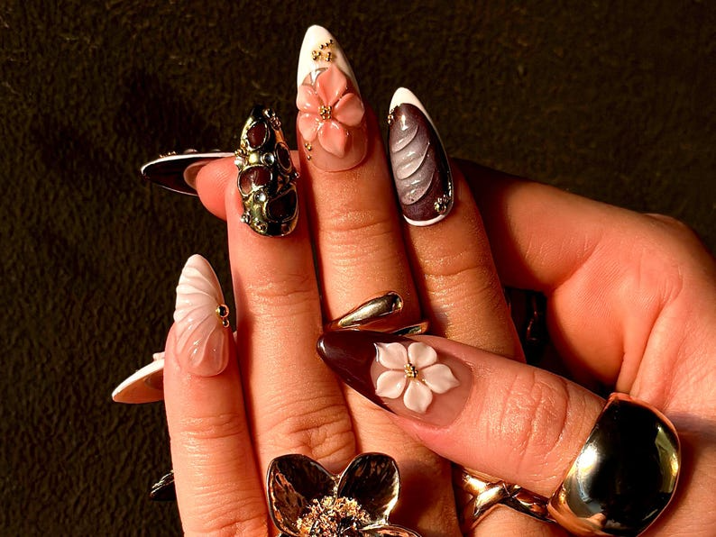 Mystic Bloom Luxury Press On Nails Metallic Floral Accent Nails Purple Gradient & 3D Flower Design Elegant Gothic Nail Art