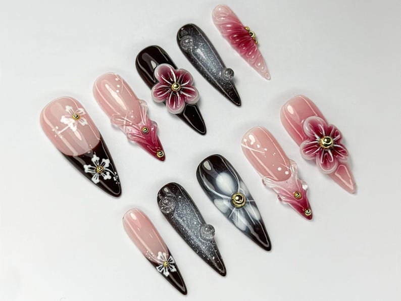 Elegant Red Floral Press On Nails 3D Red Blossom Nail Set Elegant Spring Nails Glossy Floral Nail Set Dark Glam Nails OC756HC