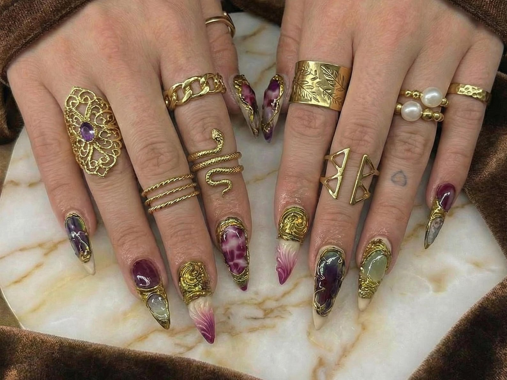 Gothic Garnet Gold Press On Nails Frech Tips Gold Couture Nail Art Burgundy Jade Statement Nails Handmade Luxury Stiletto Set