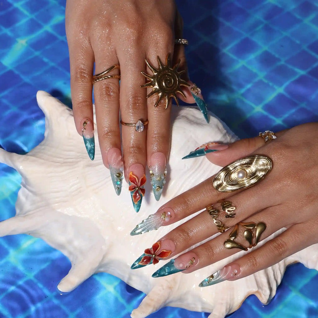 Abyssal Blue 3D Floral Handmade Press On Nails