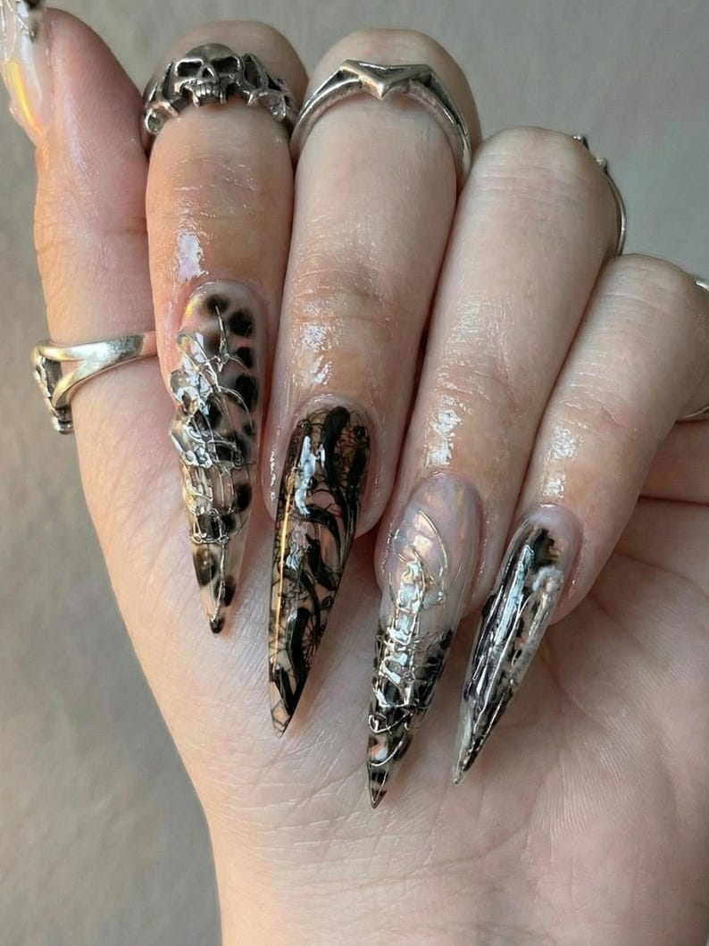 Press On Nails Adhesive Tabs – Black Silver Chrome Abstract Art Long Stiletto Handmade