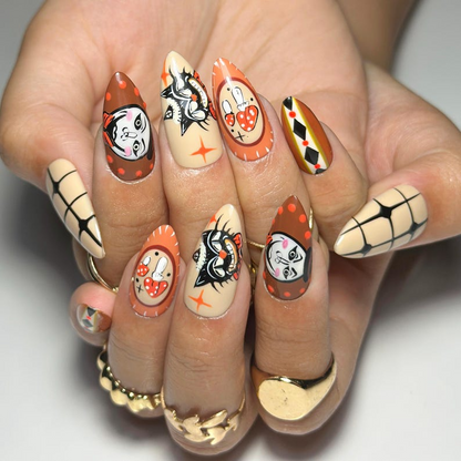 Halloween Press On Nails Hand Painted Vintage Clown & Cat Nail Set Retro Mushroom Fake