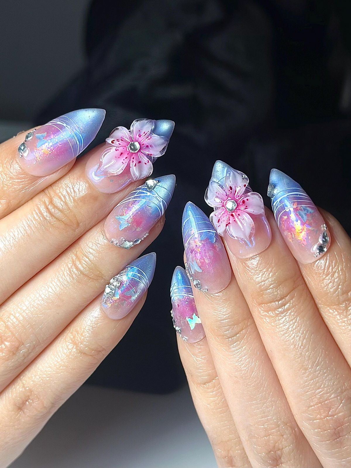 Aurora Galaxy Floral Press On Nails Iridescent Chrome Stiletto Nails 3D Sakura Flower