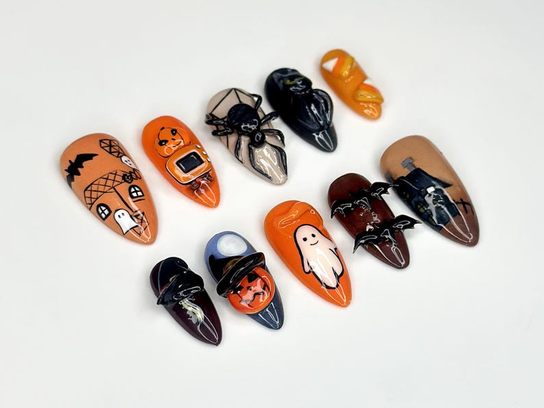 Haunted Night Press On Nails, Halloween Ghost Bat & Spider Nails, Pumpkin Candy Corn