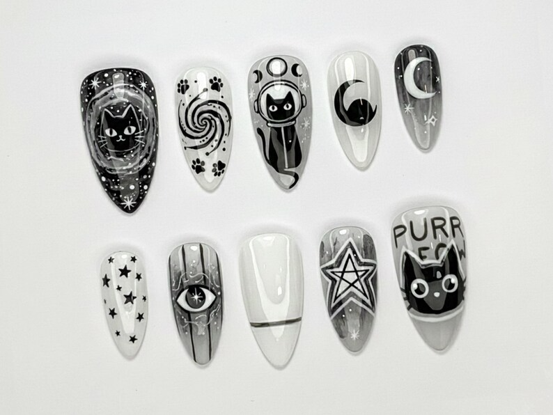 Cosmic Black Cat Press On Nails Gothic Cat Nail Art Moon Star Astrology Nails Witchy Black White Press Ons Mystic Nail Set