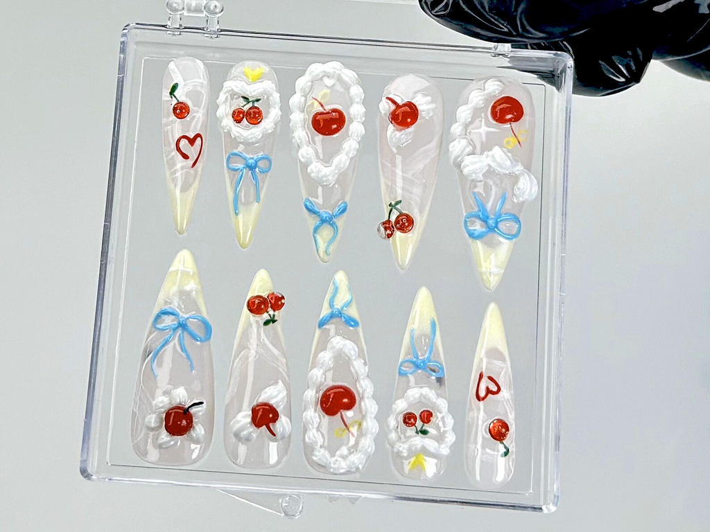 Cherry Whipped Cream Press On Nails Cute Fruit Fake Nails Sweet Cherry Delight Nail Art Fun Summer Nails Kawaii Nails OB906YC