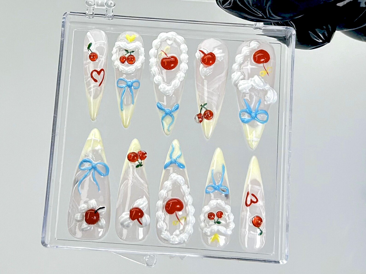 Cherry Whipped Cream Press On Nails Cute Fruit Fake Nails Sweet Cherry Delight Nail Art Fun Summer Nails Kawaii Nails OB906YC