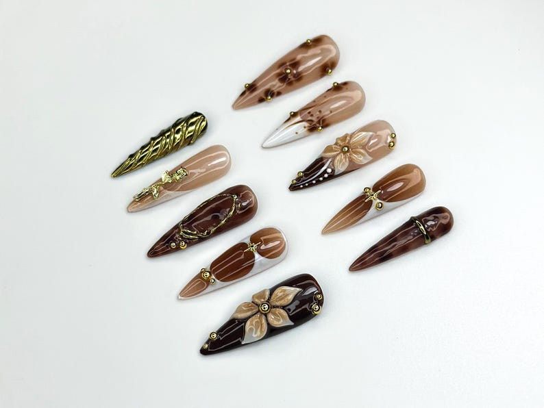 Autumn Brown Gold Press On Nails 3D Floral Nail Art Fall Inspired Nail Set Handmade Neutral Nails Elegant Long Press Ons