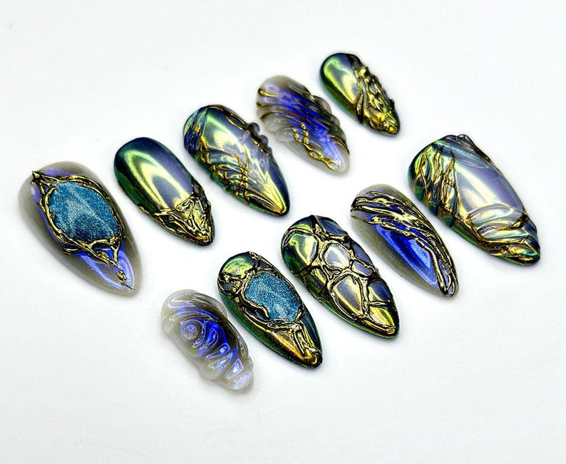 Midnight Armor Press On Nails Metallic Dragon Scale Nail Art 3D Fantasy Sculpture Nails Gothic Iridescent Tips
