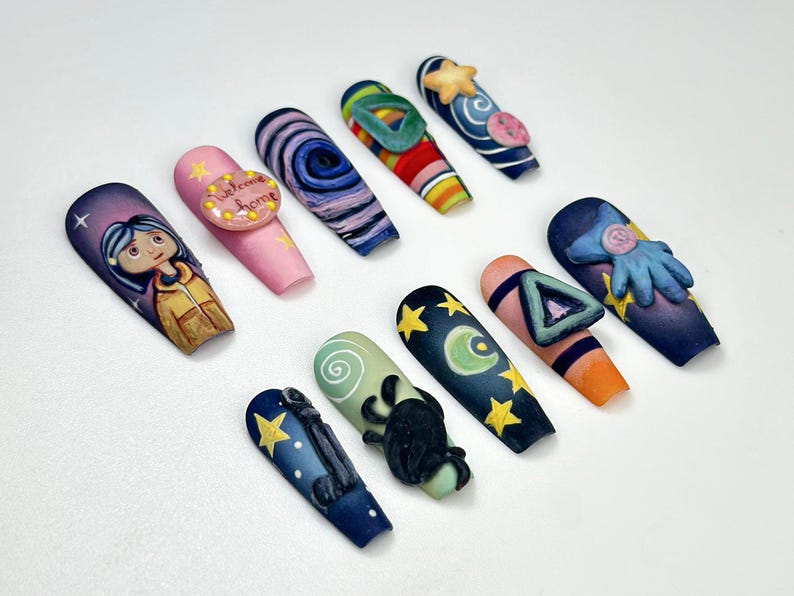 Creepy Cute Cartoon Press On Nails Handmade 3D Starry Night Nails Halloween Nail Art Unique Spooky Nail Set