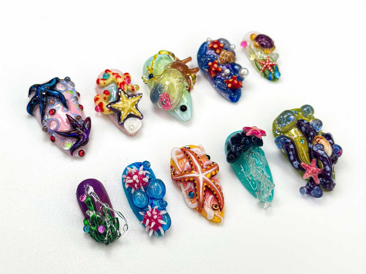 3D Starfish Coral Press On Nails Deep Sea Ocean Press Ons Mermaid Jellyfish Underwater Nail Art| Handcrafted Summer Beach Nail