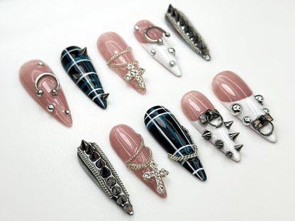 Punk Cross Chain Press On Nails Gothic Plaid Nail Art Spiked Pierced Punk Nails Black White Silver Press Ons Edgy Nail Set OC864HK