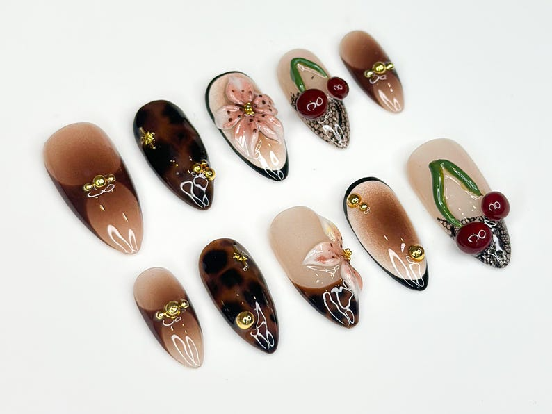 Tortoiseshell Fall Press On Nails 3D Fruit & Floral Nail Art 3D Cherry Blossom Nail Design| Handmade Luxury Nail| Elegant Nail