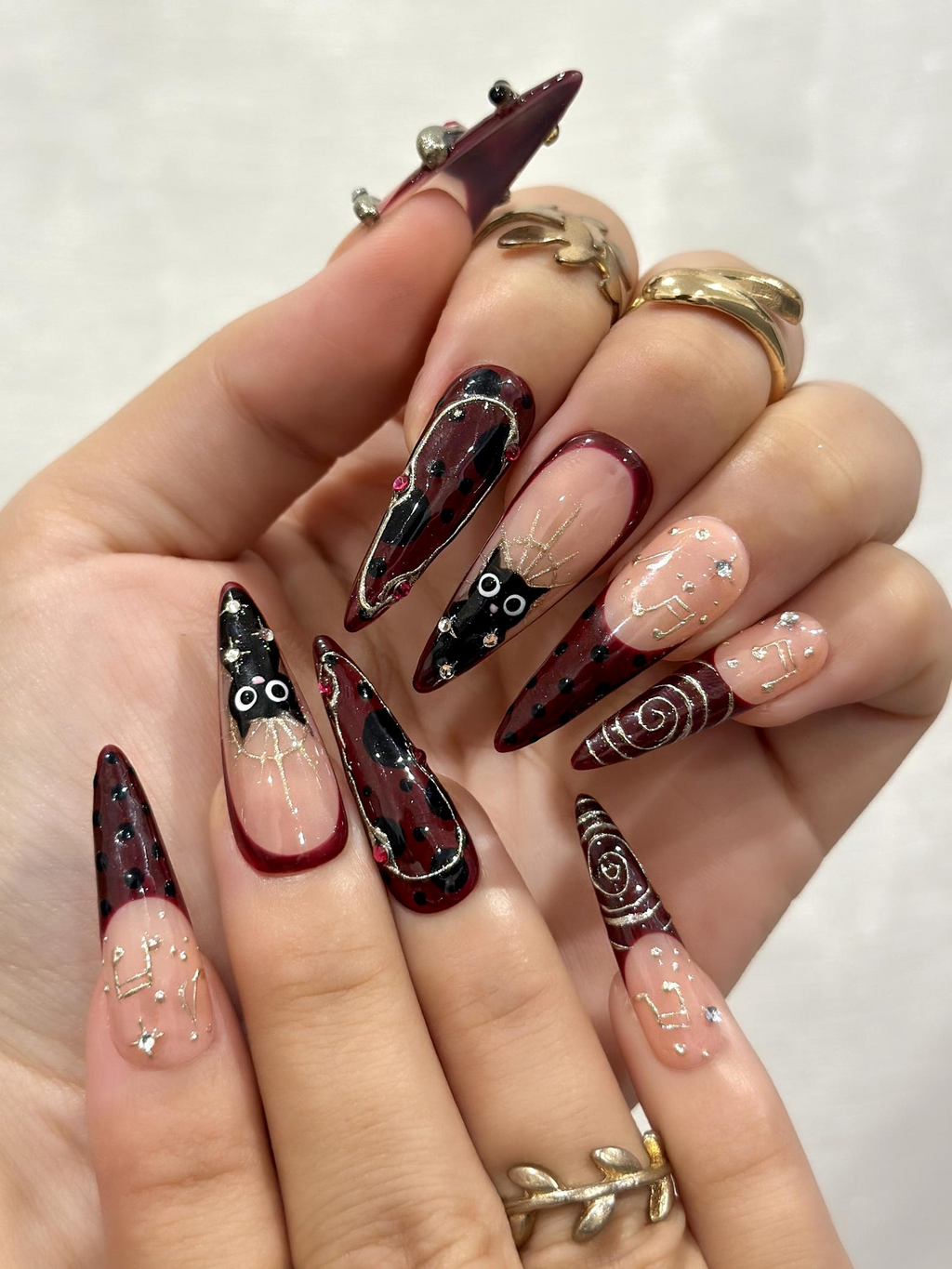 Gothic Ruby Witch Press On Nails Red Black Sorcery Nail Art 3D Ring Accents & Mystic Symbols Luxury Dark Glam Set
