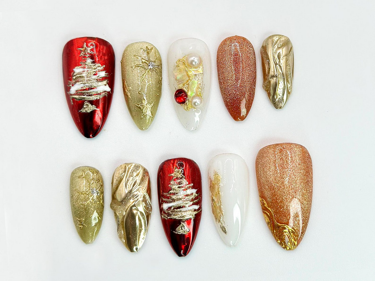 Christmas Tree Press On Nails Red & Gold Holiday Nail Art with 3D Details Christmas