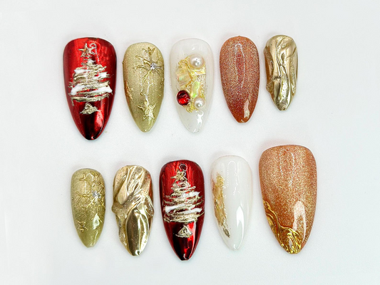 Christmas Tree Press On Nails Red & Gold Holiday Nail Art with 3D Details Christmas