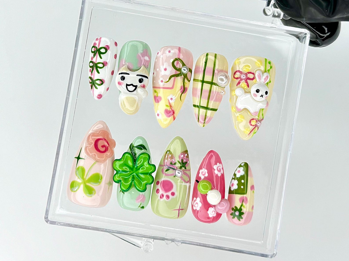 Kawaii Cute Press On Nails by DoryNails Pastel Bunny Clover 3D Press Ons Sakura Bunny Fake Nails Kawaii Spring Nail Art OB827YC
