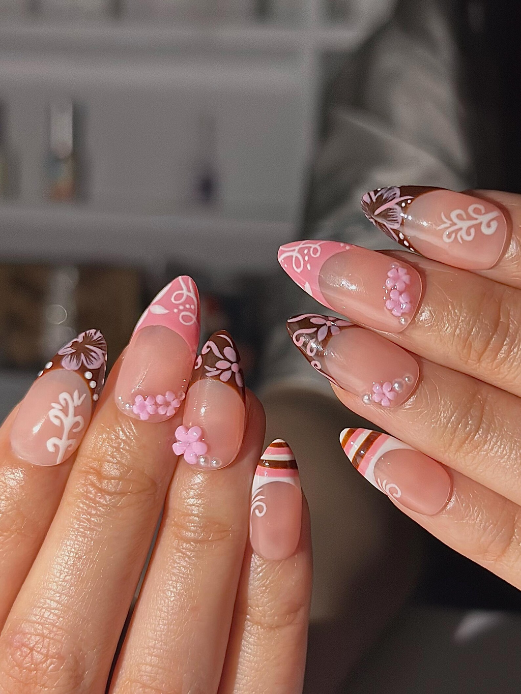 Pink Brown Floral Press On Nails Cute Pink Nail Art Sweet Dessert Inspired Nails 3D Flower