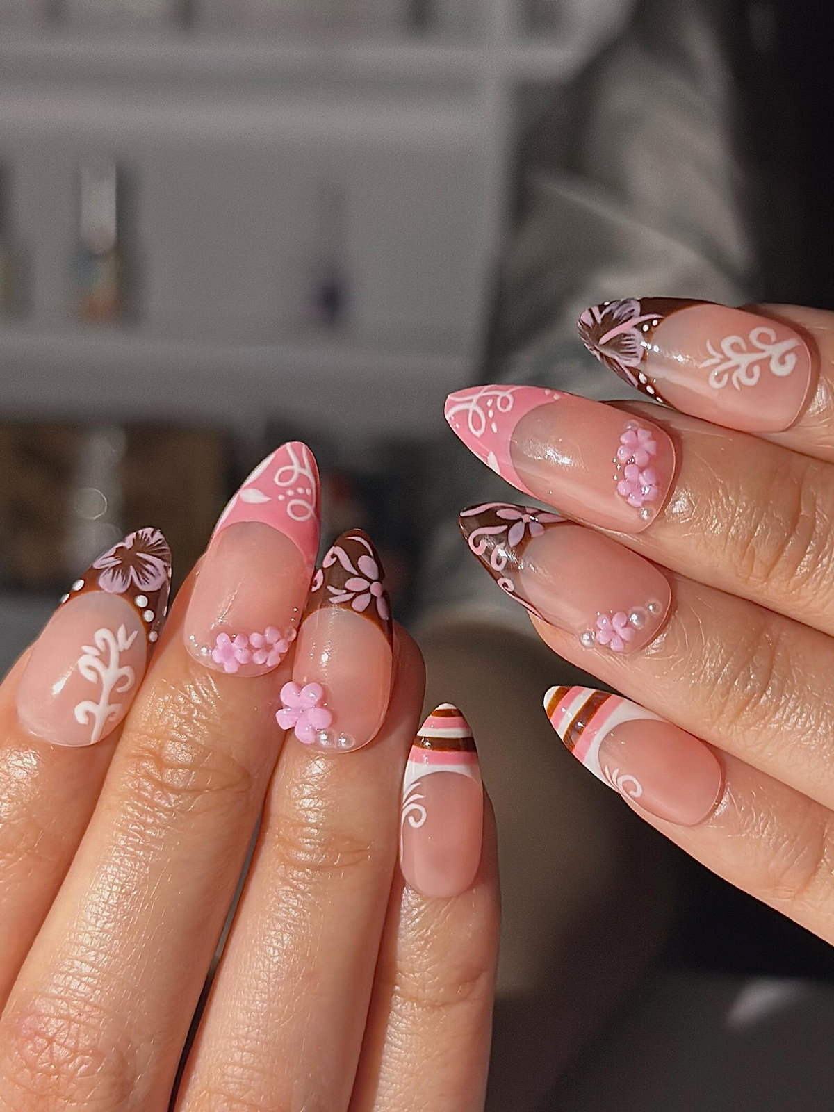 Pink Brown Floral Press On Nails Cute Pink Nail Art Sweet Dessert Inspired Nails 3D Flower