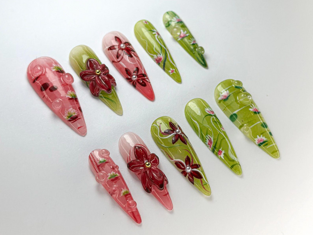 Spring Bloom Press-On Nails Handmade Lotus Blossom Nail Set Pink & Green Lotus Nail Art Nature-Inspired NailsOC720HC