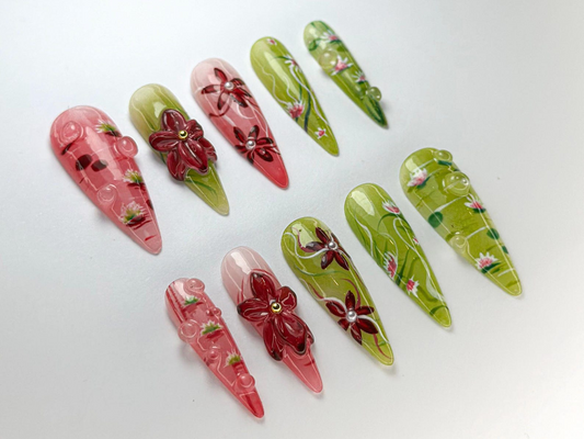 Spring Bloom Press-On Nails Handmade Lotus Blossom Nail Set Pink & Green Lotus Nail Art Nature-Inspired NailsOC720HC