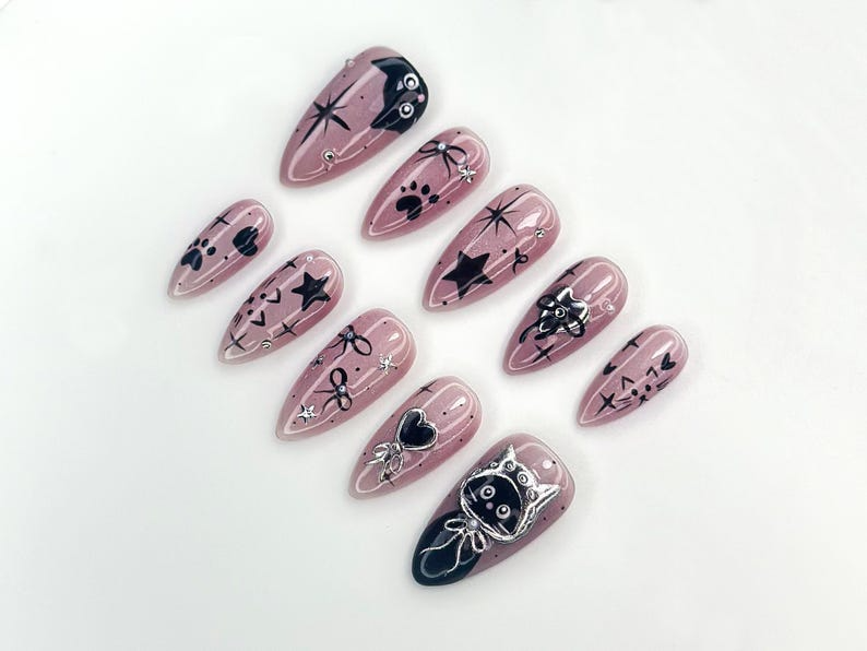 Bengals Cat Press On Nails Holiday Chrome Pink Nails Cute Bow & Stars Nail Art Christmas Gift for Her Mystic Winter Cat Press On Nails