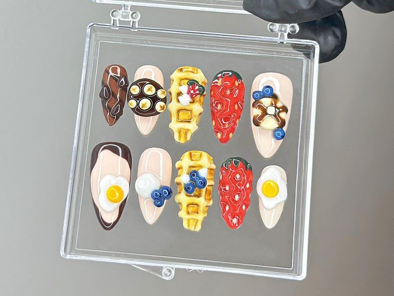 Kawaii Brunch Press On Nails 3D Food Nail Art Strawberry Waffle Press Ons Funny Food Fake nails Egg & Strawberry Nails