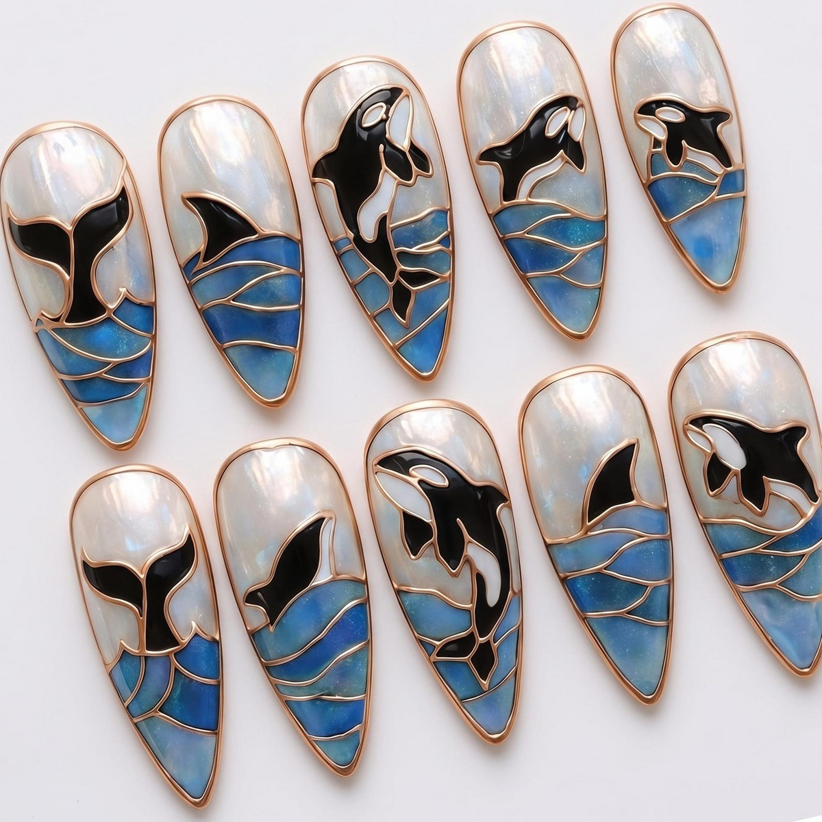 Ocean Press On Nails Summer, Shark and Orca Nail Art Handmade Marine Life Nails Coastal