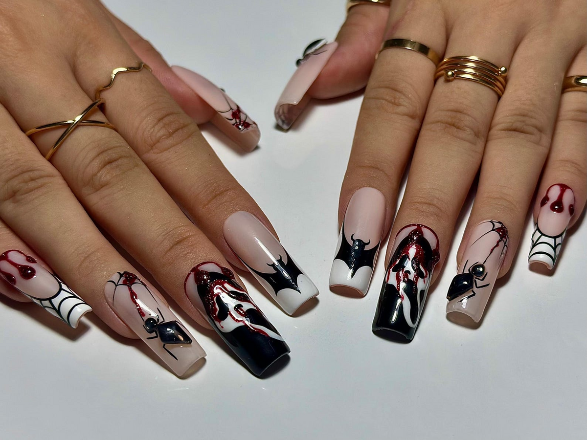 Gothic Spider Web Press On Nails 3D Black Widow and Blood Drip Art Scream Ghost & Webbed Bat Design Halloween Horror Nail