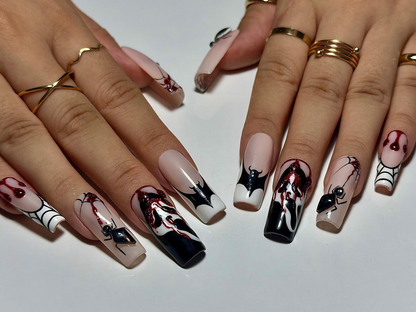 Gothic Spider Web Press On Nails 3D Black Widow and Blood Drip Art Scream Ghost & Webbed Bat Design Halloween Horror Nail