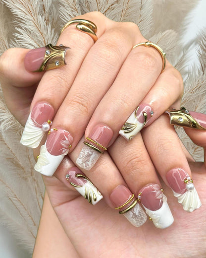 Royal Balletcore Press On Nails, Luxury Bridal Wedding Nails, Pearl French Tip Nails