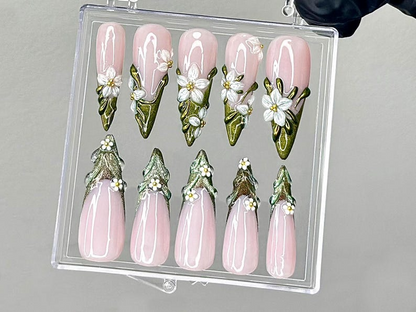 Sculpted Floral Press On Nails Glossy Green Leaf Nail Art Ethereal Spring Press Ons Elegant Flower Tips Fake nails Luxury OB944LK