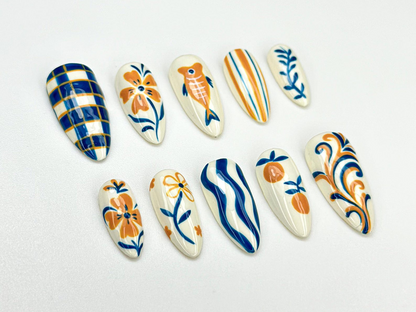 Summer Pottery Press On Nails Blue Orange Floral Nail Art Greek Pattern Summer Nails Hand Painted Ceramic Style Nails