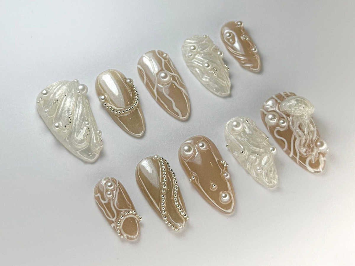 3D Pearl Jellyfish Press-On Nails Ocean-Inspired Pearl Nail Set Elegant Nude & Pearl Nail Art Classy Ocean Nail Ocean Theme| OB721HC