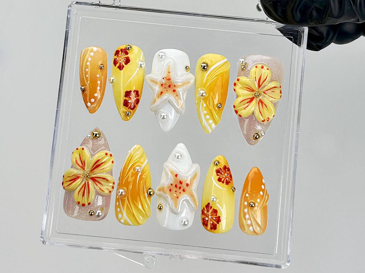 Tropical Summer Press On Nails 3D Flower & Starfish Fake Nails Beach Vibes Nail Art Orange Yellow Floral Press Ons Summer OB881YK