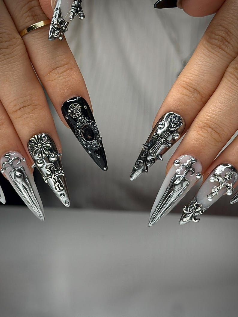 Gothic Silver Sword Press On Nails 3D Cross & Dagger Nail Art Handmade Dark Fantasy Nails Medieval Armor Inspired Press Ons