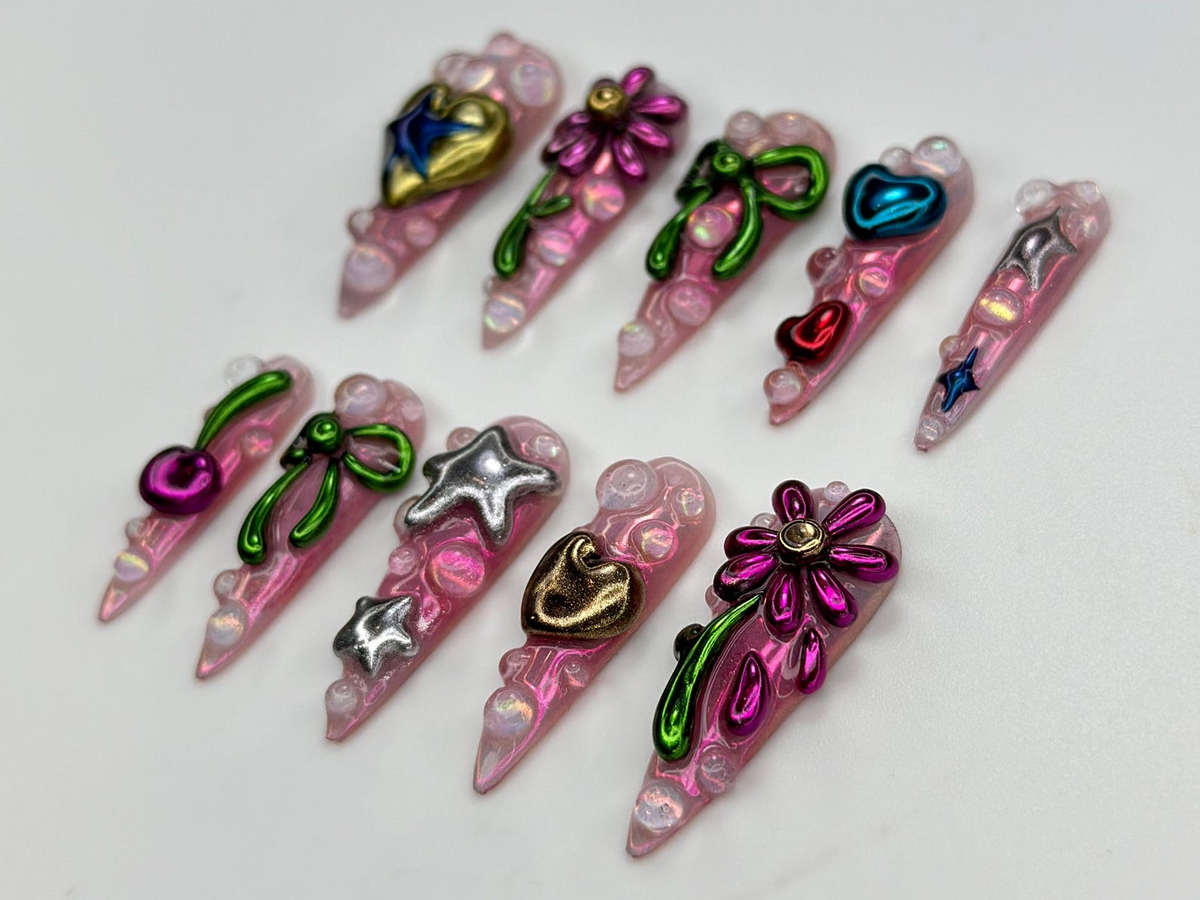 Metallic Bubble Press On Nails 3D Y2K Chrome Star Heart Nails Funky Cute Cherry Bow Nail Art Iridescent Pink Press On Set OB815HK