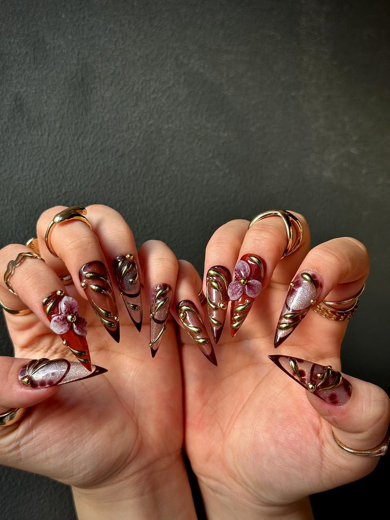 Fall Orchid Press On Nails, Burgundy Floral Nail Art, Luxury Handmade Long Nails, Stiletto
