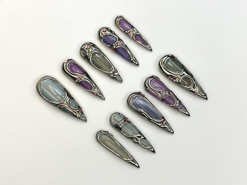 Futuristic Metallic Press On Nails Silver Frame Nail Art Gemstone Inspired Handmade Nails Gray & Purple Luxury Nail Set