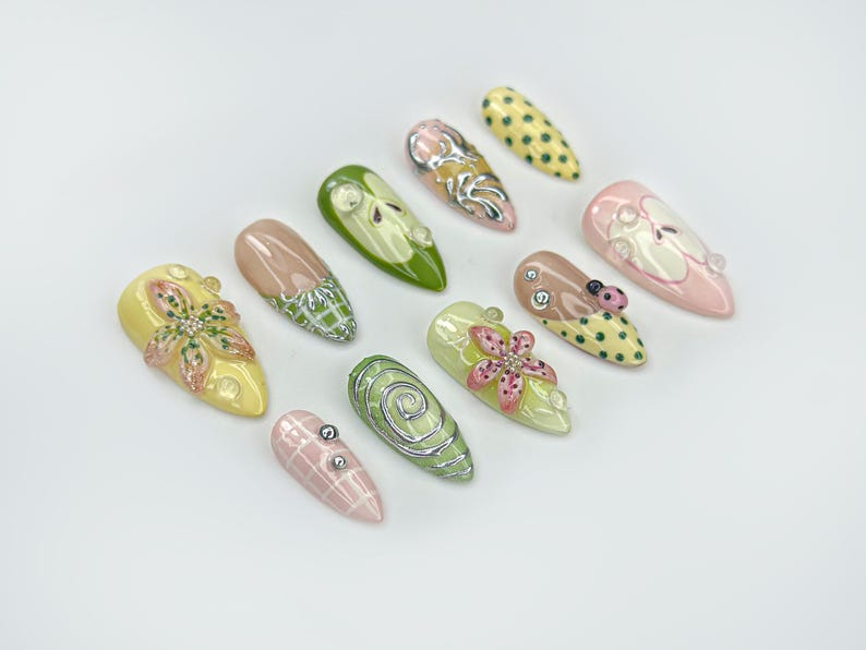 Green Garden Press On Nails 3D Floral Accents, Ladybug Charms & Whimsical Pastel Nail Art Handmade Nature-Inspired Nail Set
