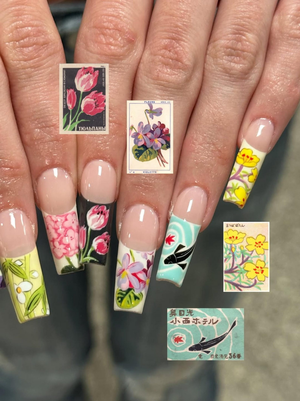 Handmade Vintage Botanical Press On Nails, Japanese Floral Garden Fake Nails, Unique Retro