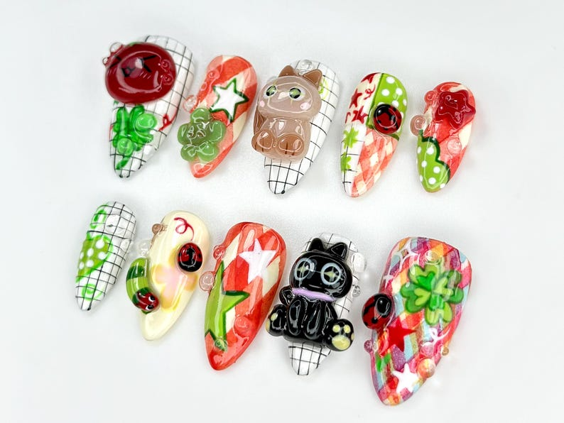 Kawaii Cat & Ladybug Press-On Nails 3D Cute Nail Art Funky Kawaii Fake Nails|Cat Leaf Ladybug Kawaii NailsKawaii Fun Nail SetOB784YC