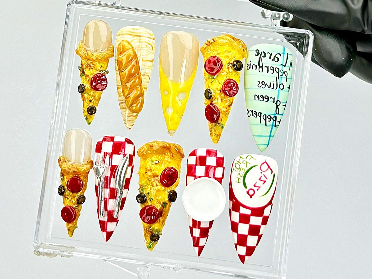Pepperoni Pizza Nails 3D Food Fake Nails 3D Novelty Nail Art Gift for Pizza Lovers Acrylic Nails 3D Pizza NailsOB818Y
