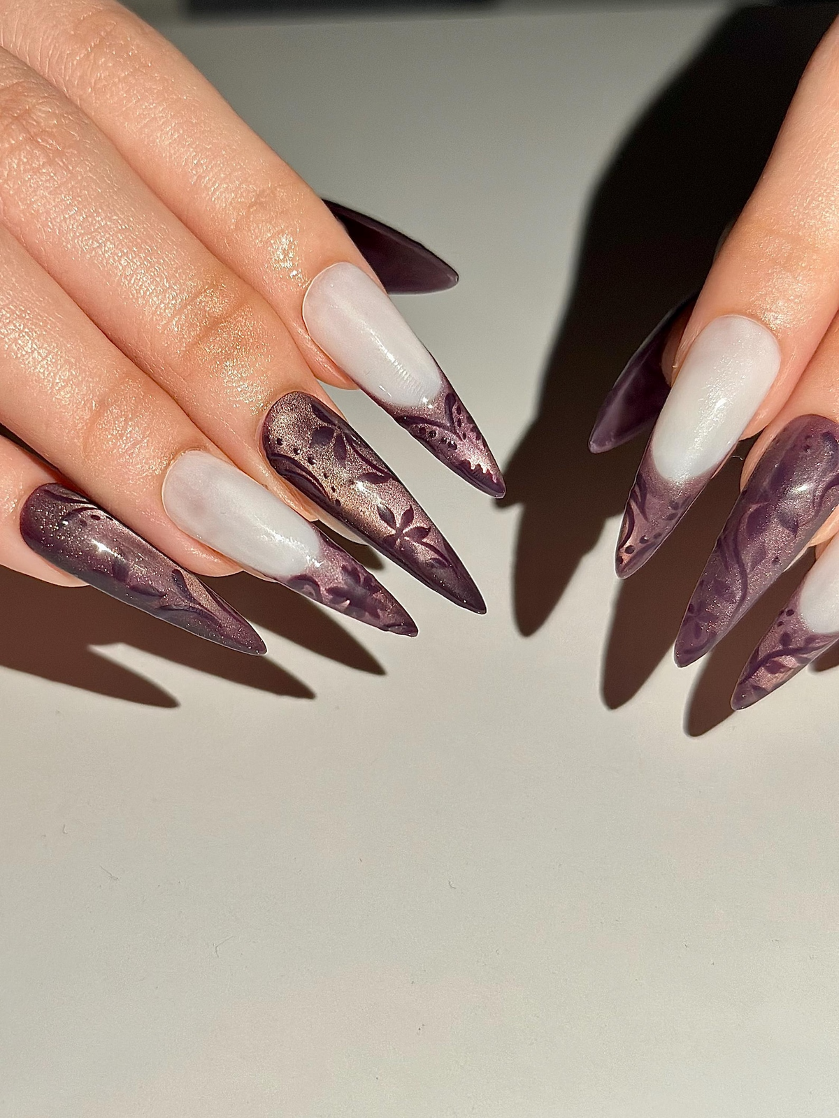 Dark Purple Cat Eye Press On Nails, Mystic Floral French Tip Nails, Ethereal Smoky